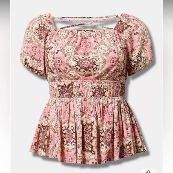 TORRID Crinkle Gauze Cris Cross Back Top Pink & Brown Peplum Cinched Waist Shirt - Picture 3 of 13